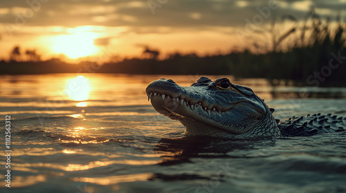 Closeup photography of a crocodile alligator in the river, pond or swamp water during the sunset. grey or gray gator wildlife animal in nature, dangerous predator head and jaws.