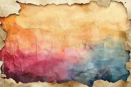 Abstract watercolor painting with vibrant colors and torn edges, creating a vintage and artistic backdrop