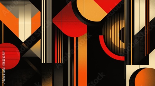 Modern abstract geometric art with bold red and orange accents on black background photo