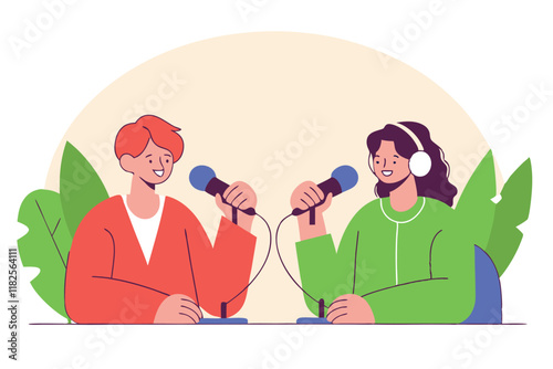 Two people in a radio broadcasting studio, showcasing the concept of news broadcasting. Vector flat illustration