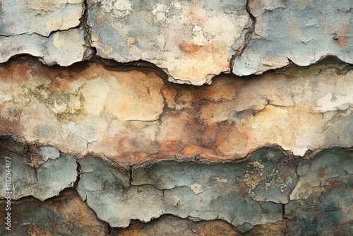 Bark peeling from a tree trunk creates a colorful abstract pattern