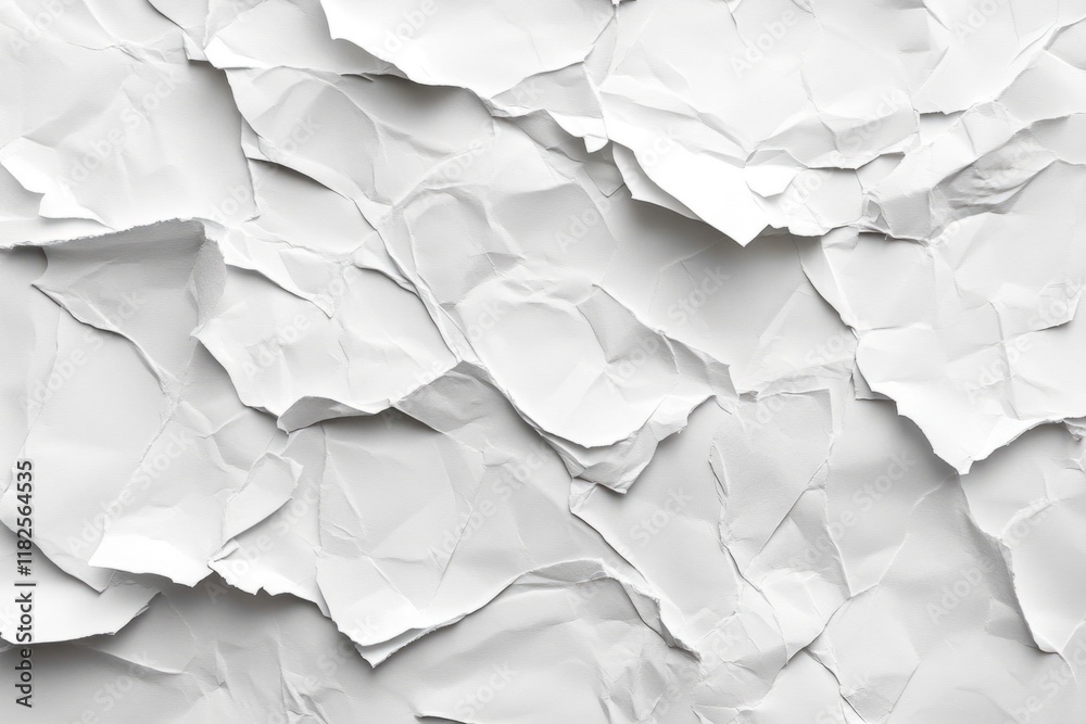 Close-up view of overlapping white crumpled and torn paper pieces creating an abstract textured background, suitable for various design purposes Close-up view of overlapping white crumpled and torn paper pieces creating an abstract textured background, suitable for various design purposes