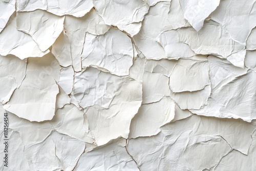 Close-up view of overlapping white crumpled and torn paper pieces creating an abstract textured background, suitable for various design purposes