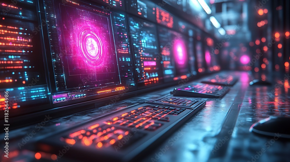 Obraz premium Futuristic Control Room Monitors Displaying Data Streams