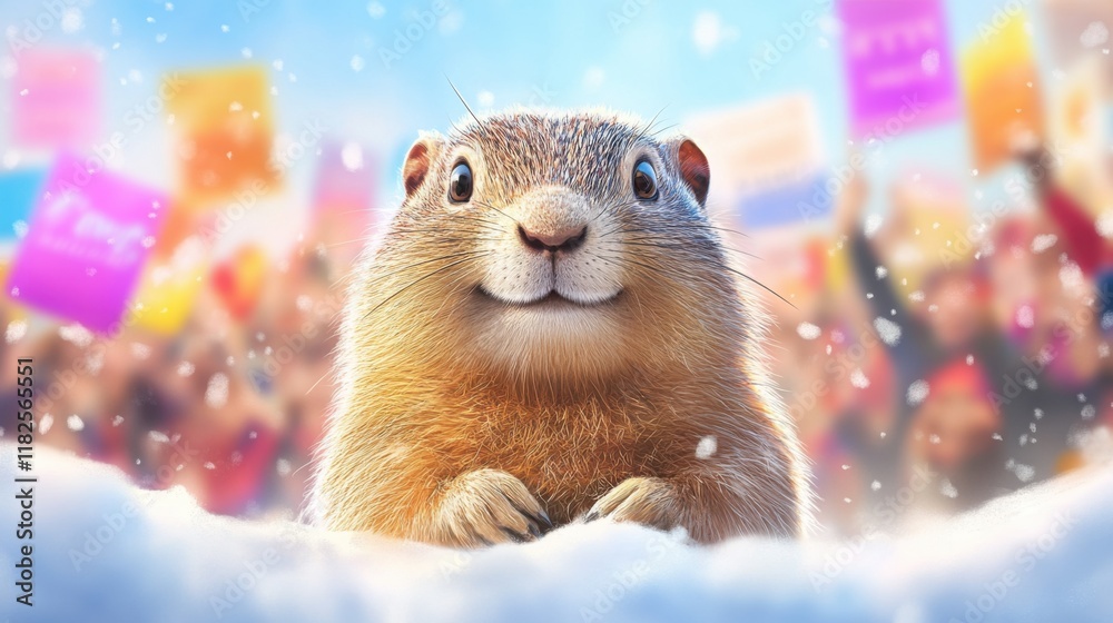 Obraz premium Groundhog emerges from burrow on winter morning as crowd celebrates Groundhog Day festivities