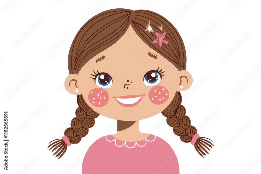 A cheerful girl with brown pigtails, rosy cheeks, and a pink shirt, smiles brightly. background removed A cheerful girl with brown pigtails, rosy cheeks, and a pink shirt, smiles brightly. background removed