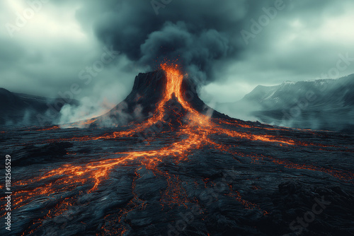 Volcan en éruption avec flux de lave et ciel menaçant photo