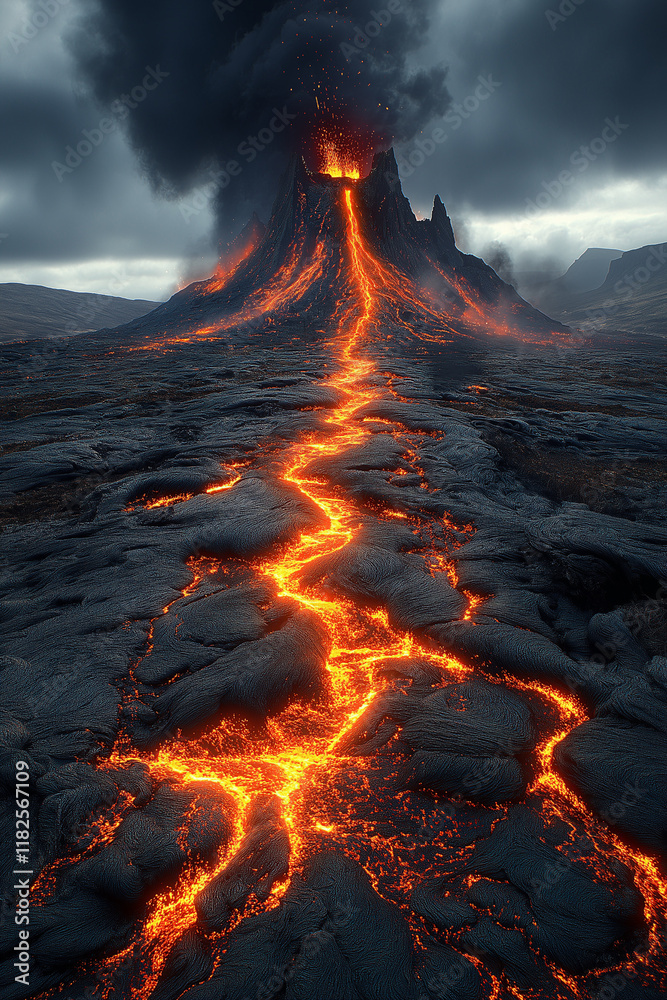 Volcan en éruption avec flux de lave et ciel menaçant Volcan en éruption avec flux de lave et ciel menaçant