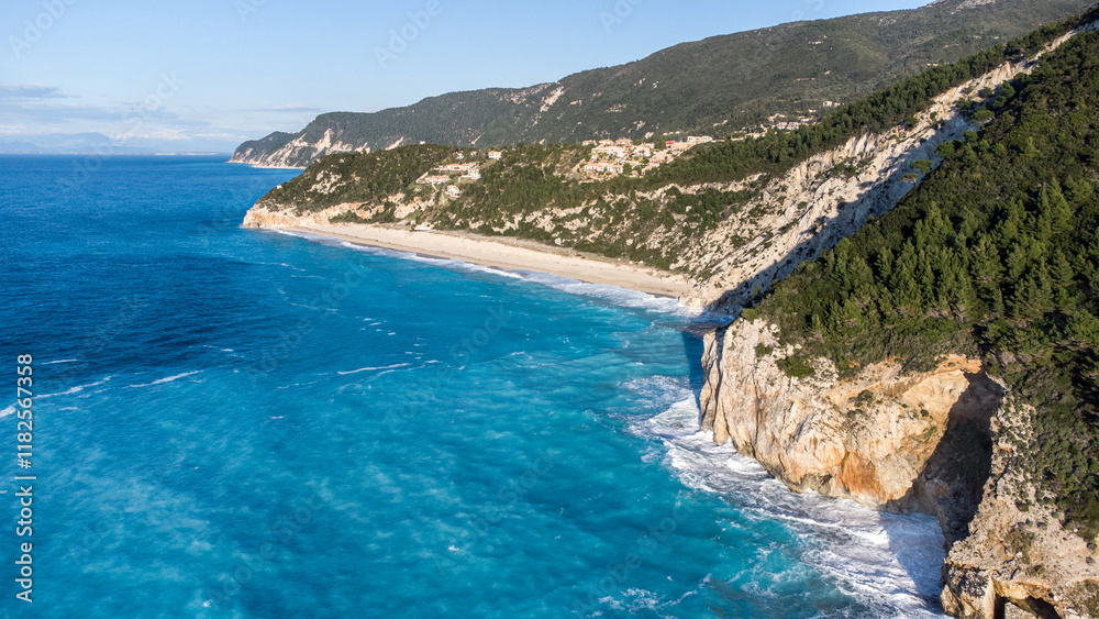 Aerial view in the golden hour of empty beautiful Mylos Beach. Lefkada. Greece Aerial view in the golden hour of empty beautiful Mylos Beach. Lefkada. Greece