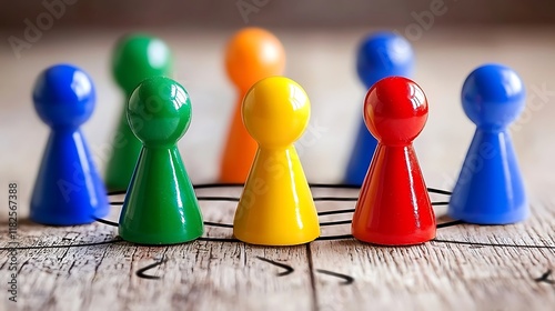 Colorful game pieces meeting on wooden table, network background