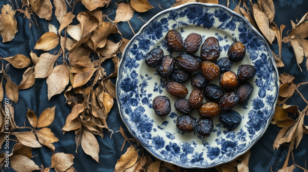 Fototapeta premium Dried dates on decorative plate with autumn leaves surrounding