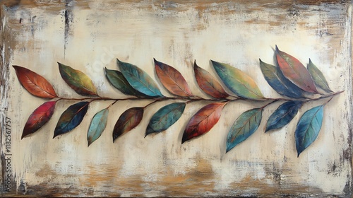 Autumnal Branch with Colorful Leaves on Rustic Background Painting photo