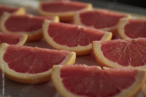 Freshly cut grapefruit slices arranged neatly on a tray, perfect for a breakfast or snack display