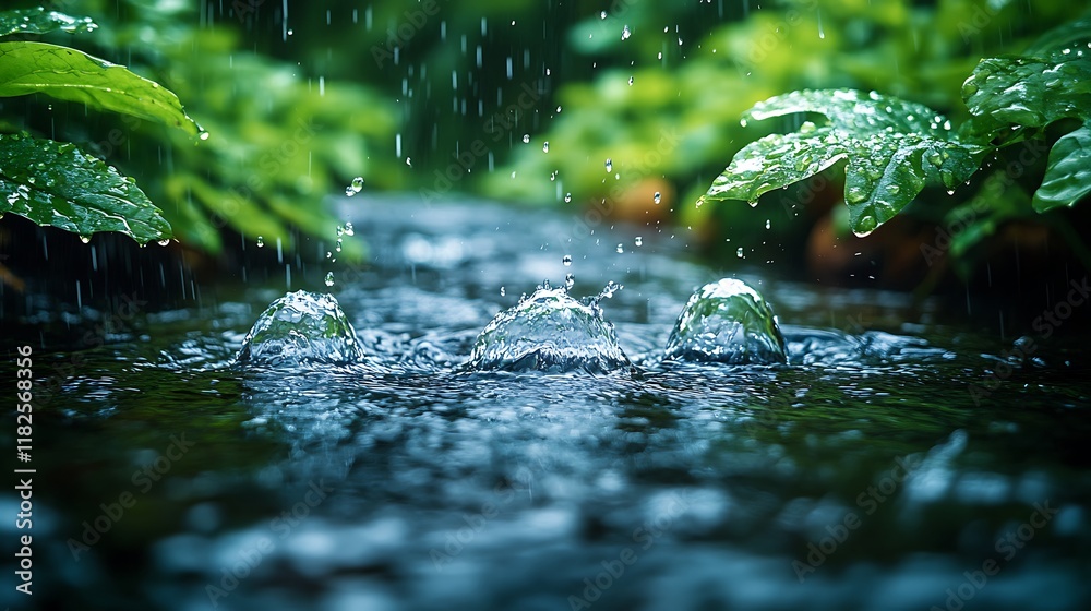 Fototapeta premium Rain Falling on Lush Green Leaves and a Stream