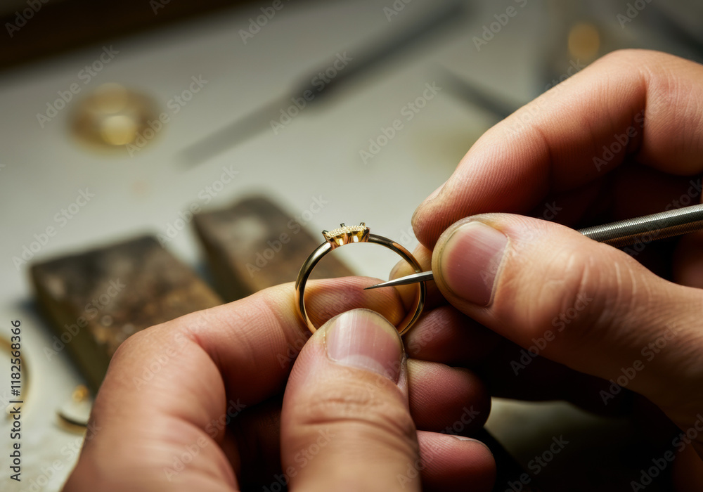 Jeweler crafts a gold ring with precision in a workshop in the early afternoon Jeweler crafts a gold ring with precision in a workshop in the early afternoon