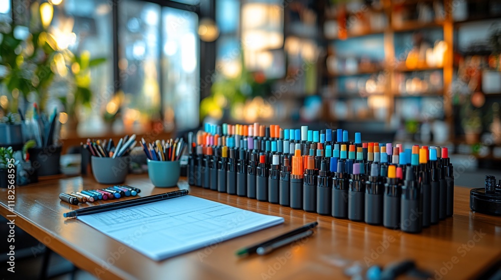 Obraz premium Colorful Markers Organized on a Wooden Tabletop