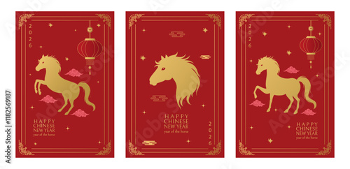 Happy Chinese New Year vertical posters for 2026. Year of the Horse. Vector illustration.