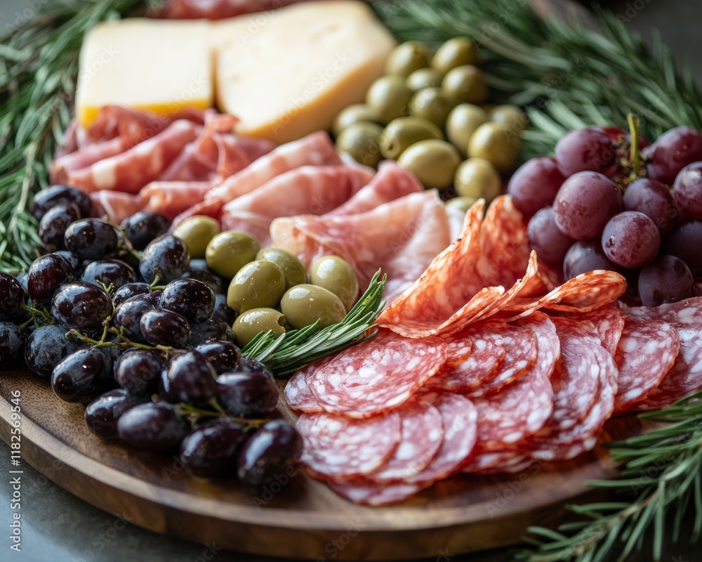 Rustic Charcuterie Board with Cheeses, Meats, Grapes, and Olives Rustic Charcuterie Board with Cheeses, Meats, Grapes, and Olives