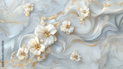 Elegant white flowers on grey marble swirls with gold accents. photo