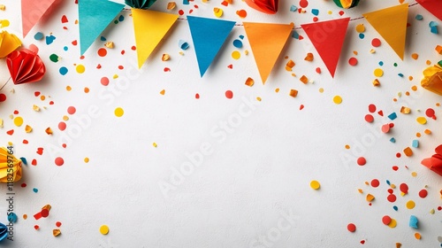Colorful celebration decorations with vibrant confetti and bunting for festive events