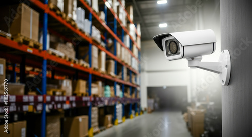 Security camera monitors a large warehouse space filled with stacked boxes during daytime operations