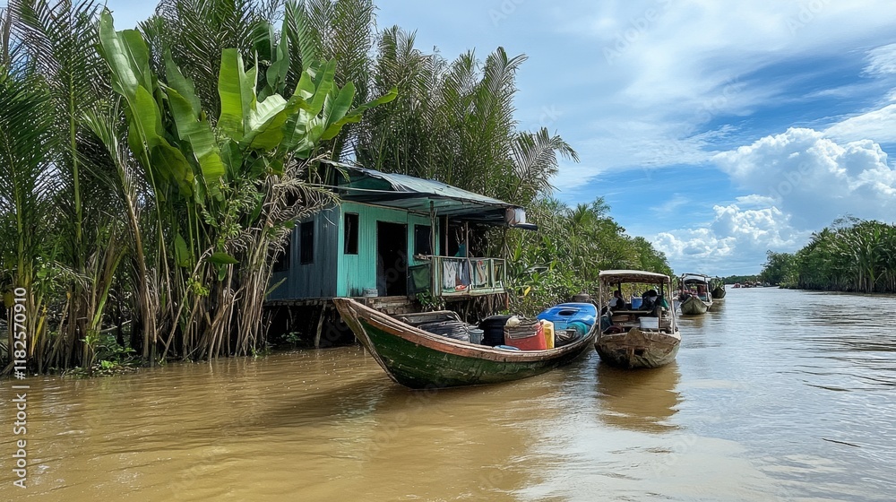 Tranquil River Scene with Houseboats and Lush Vegetation Tranquil River Scene with Houseboats and Lush Vegetation