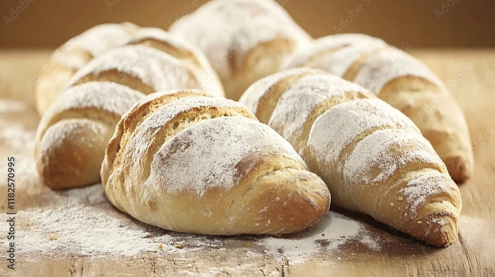 Delicious Crusty Bread Rolls, Fresh Baked Bakery, Golden Brown, Powdered Sugar, Closeup Delicious Crusty Bread Rolls, Fresh Baked Bakery, Golden Brown, Powdered Sugar, Closeup