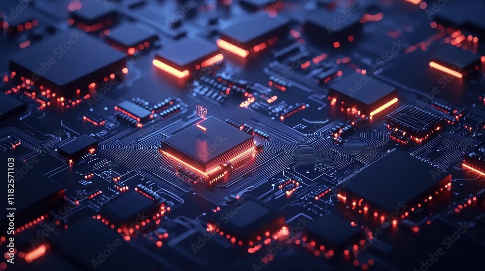 Abstract circuit board design digital realm technology illustration midnight blue environment close-up view innovative concept Abstract circuit board design digital realm technology illustration midnight blue environment close-up view innovative concept