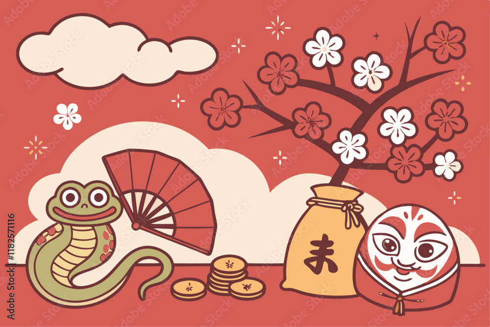 Obraz premium Japanese New Year, festive red background, cute cartoon snake, pine trees, plum blossoms, kadomatsu decoration, lucky mallet, fortune bags, gold coins, shishi lion dance mask, stylized clouds, flat de