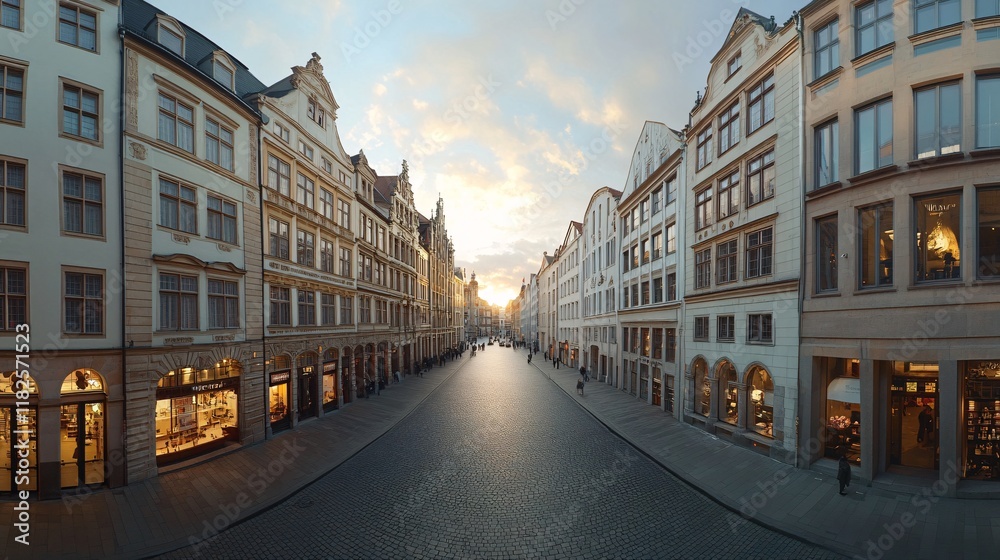 Naklejka premium Cobblestone street in a historic town at sunset with people strolling leisurely