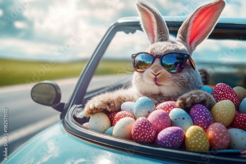 Obraz na płótnie Cool bunny driving with easter eggs in a car on a sunny day w salonie