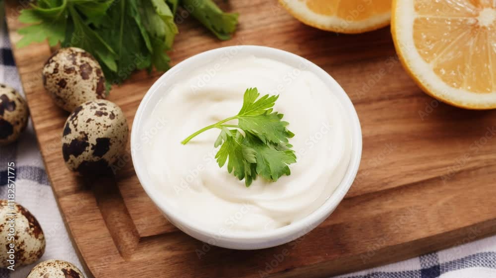 Pouring mayo white creamy sauce close-up in cafe restaurant. Cooking fast food fries with mayonaise sauce. Fast and junk food concept. Pouring mayo white creamy sauce close-up in cafe restaurant. Cooking fast food fries with mayonaise sauce. Fast and junk food concept.