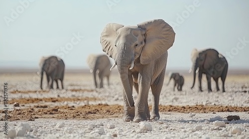 Young elephant walks through a dry landscape while a herd gathers in the background during the late afternoon sun photo