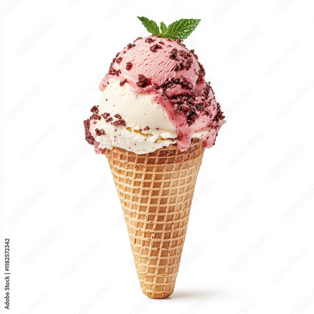 A delicious Red Velvet Ice Cream Cone featuring creamy flavors, topped with chocolate pieces and a mint leaf, perfect for a refreshing treat. A delicious Red Velvet Ice Cream Cone featuring creamy flavors, topped with chocolate pieces and a mint leaf, perfect for a refreshing treat.
