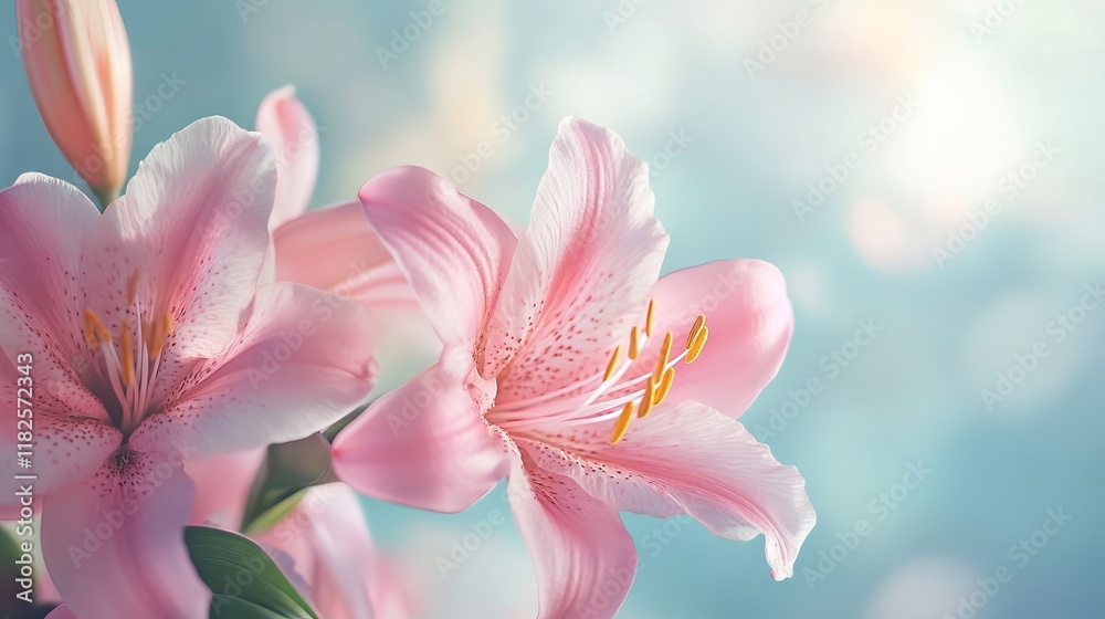 Fototapeta premium Close-up of pink lilies in bloom against soft blue background