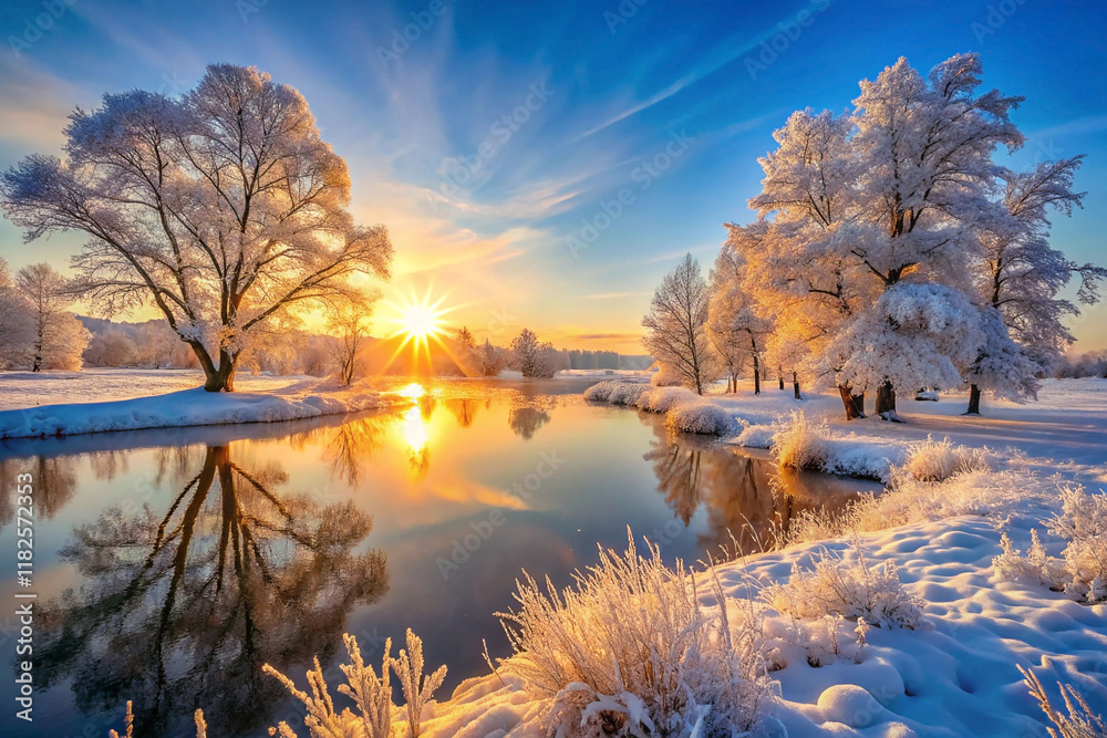 Frosty sunrise over calm river reflecting golden light on snow-covered trees and grass. Frosty sunrise over calm river reflecting golden light on snow-covered trees and grass.
