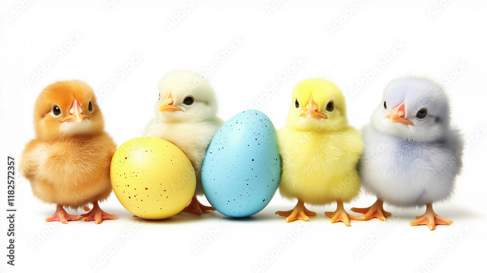Fototapeta premium some fluffy chicks between colored easter eggs, isolated on white background. Design element for easter greeting card. Happy easter mockup. Design element for poster, banner. Cute easter chicks.