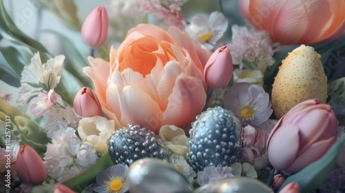 Exquisite floral bouquet with pink tulips and delicate pastel blooms photo