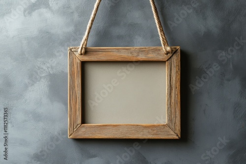 Blank rustic frame hanging on a textured wall invites creativity and artistic expression photo