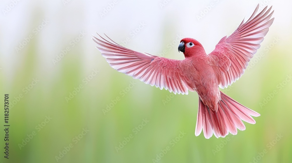 Obraz premium Graceful pink parrot in flight lush green background wildlife photography outdoor setting aerial view nature beauty