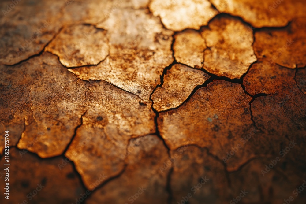 Fototapeta premium Cracked earth reveals rich textures under warm sunlight in a serene natural landscape