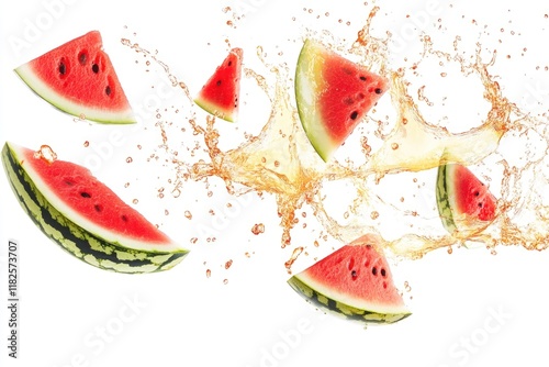 Fresh watermelon slices falling through the air photo