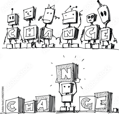 Two hand drawn sketches of team of robots performing change