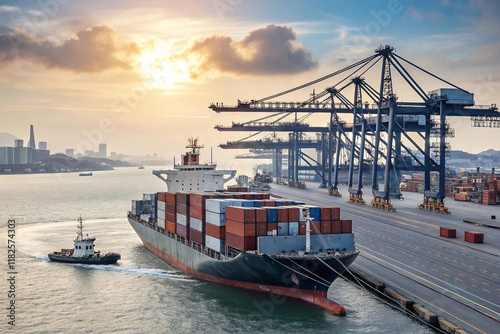 Container ship entering harbor at sunset.