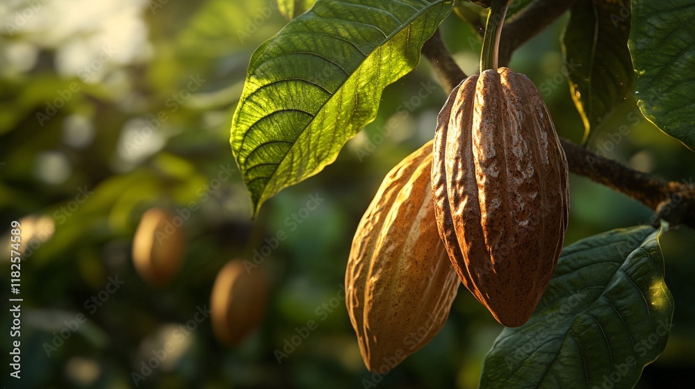 Obraz premium Cacao pods hanging on a tree branch during golden hour in a lush plantation