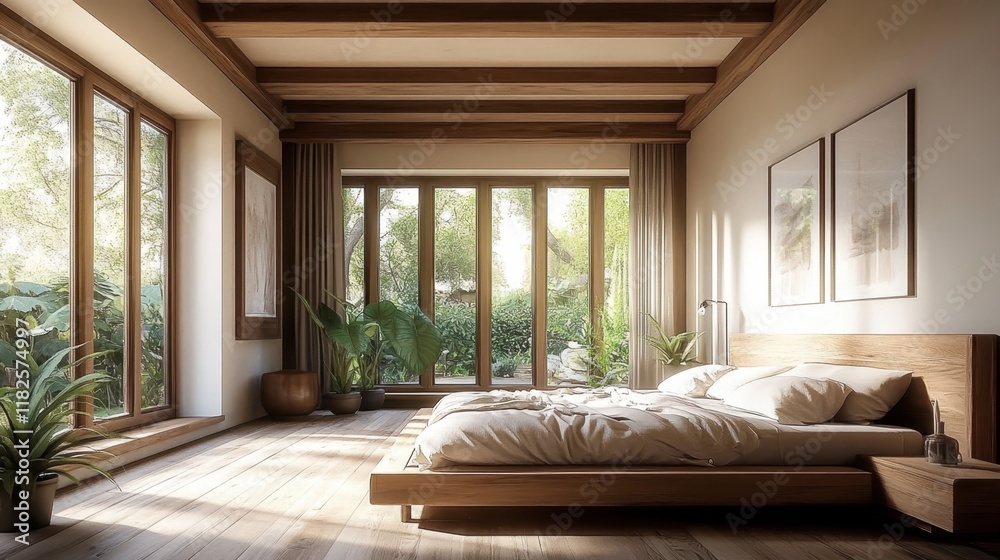 Fototapeta premium Cozy rustic bedroom, exposed wooden beams, large windows with garden view, neutral color palette, soft natural light, minimalist decor, linen bedding, hardwood floors, ceiling fan, framed botanical pr