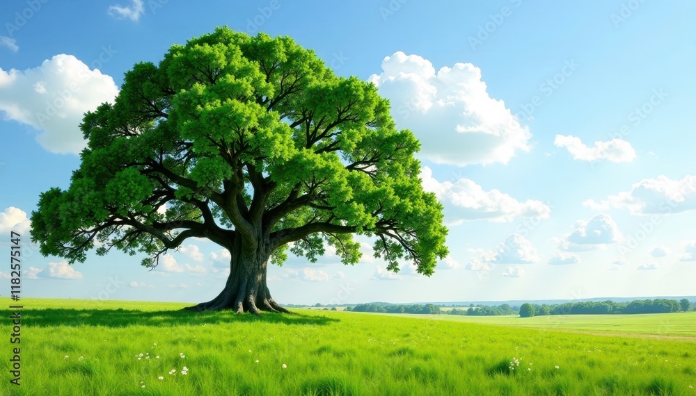 Ancient, sprawling oak, solitary in vast field, textured, sky Ancient, sprawling oak, solitary in vast field, textured, sky