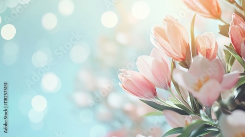 Delicate pink tulips blooming against a soft bokeh background