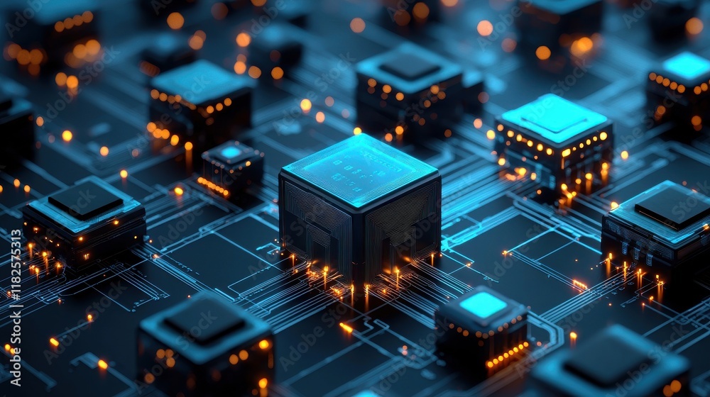 Abstract circuit design with teal blue elements in technology environment Abstract circuit design with teal blue elements in technology environment