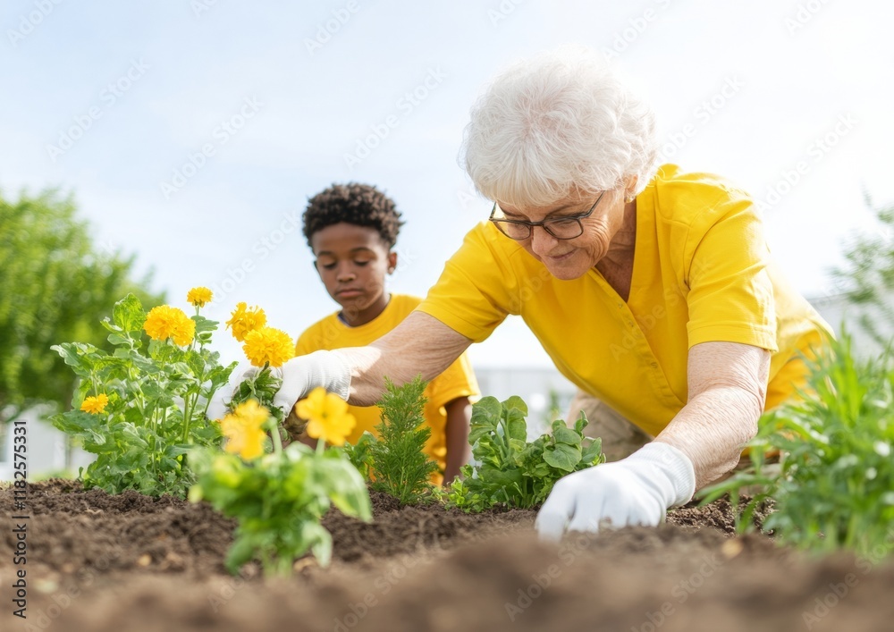 Fototapeta premium Intergenerational Teamwork in Urban Community Garden Seniors and Youth in Environmental Action